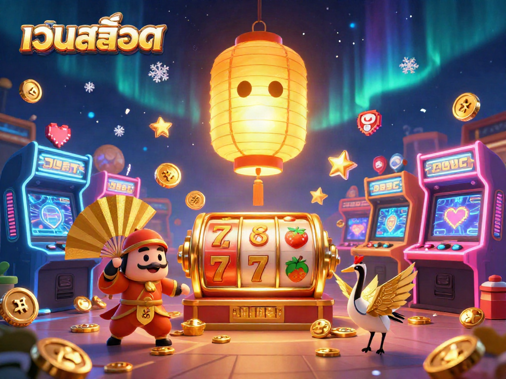 Play เว็บสล็อต with captivating golden lantern spirits and vibrant arcade elements amidst a dazzling casino scene.
