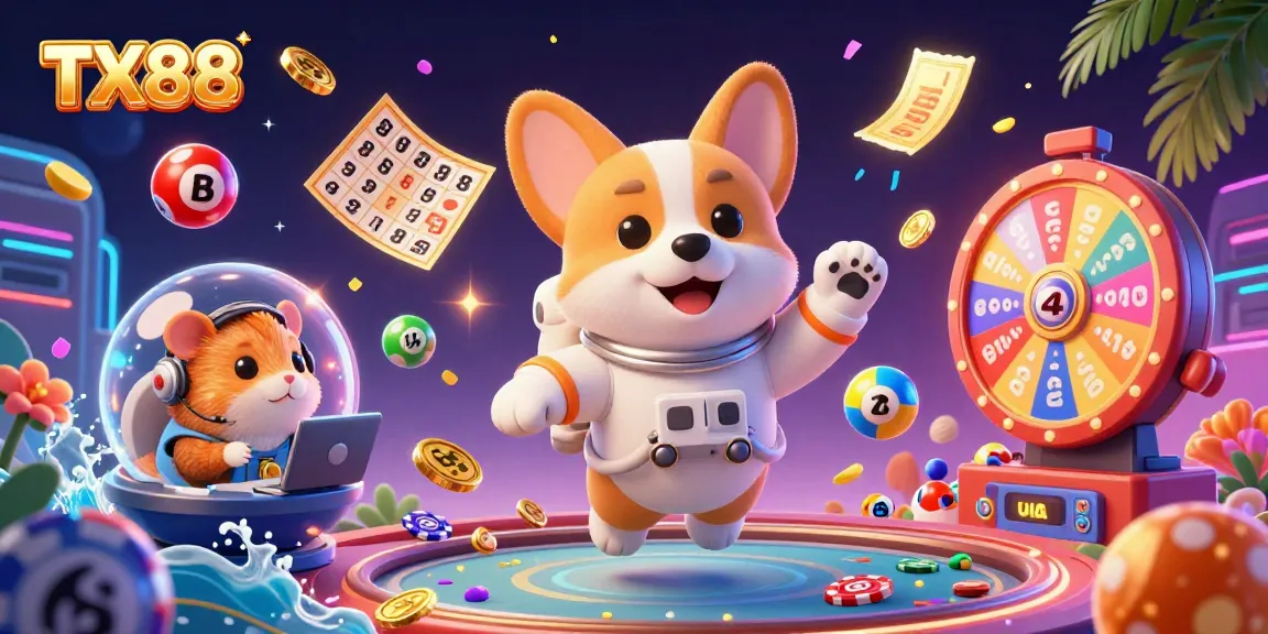 Play and win exciting casino games at TX88 with a vibrant space-themed digital illustration.