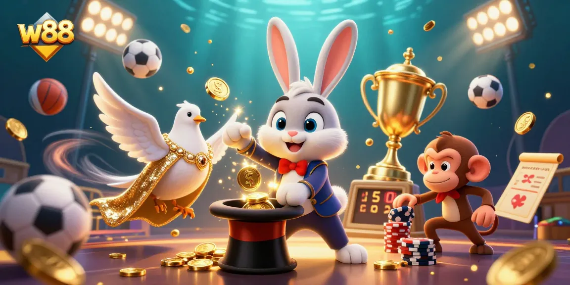 Chơi game tại W88 với thỏ phù thủy kéo tiền vàng từ mũ, bồ câu xinh đẹp và khỉ láu cá.