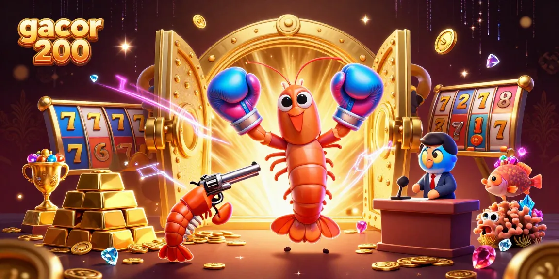 Play slots at gacor 200 with exciting characters and gleaming treasure in this vibrant casino illustration.