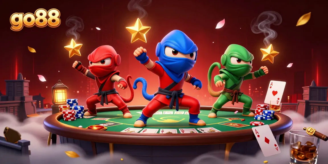 go88 showcases a vibrant scene with ninja chameleons harmonizing while surrounded by poker elements.