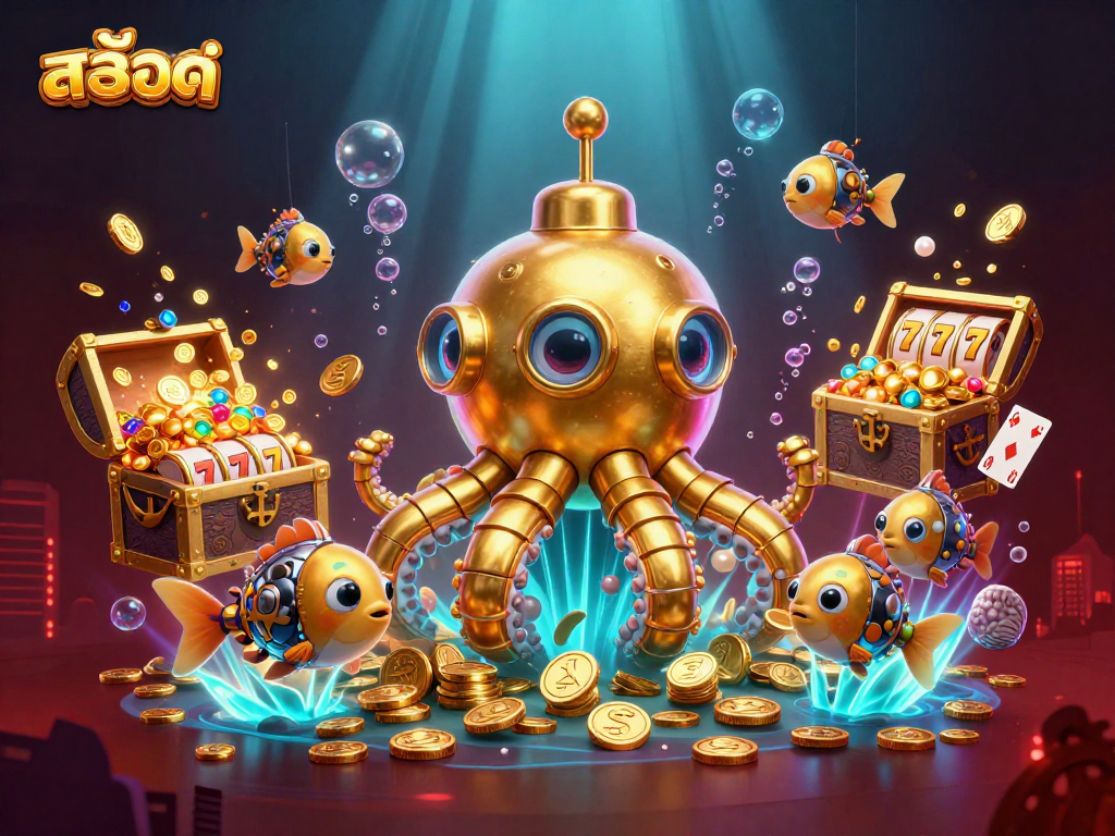 Spin สล็อตออนไลน์ for a chance to win with vibrant slot reels and golden kraken submarine.