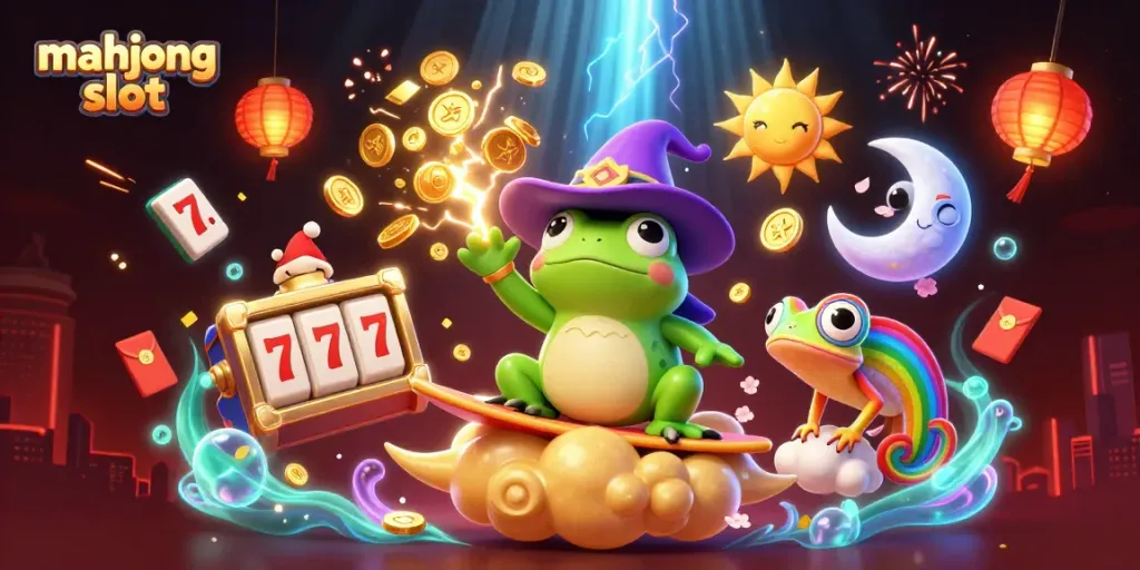 Engage with mahjong slot excitement as a wizard frog conjures golden coins during a vibrant gaming scene.