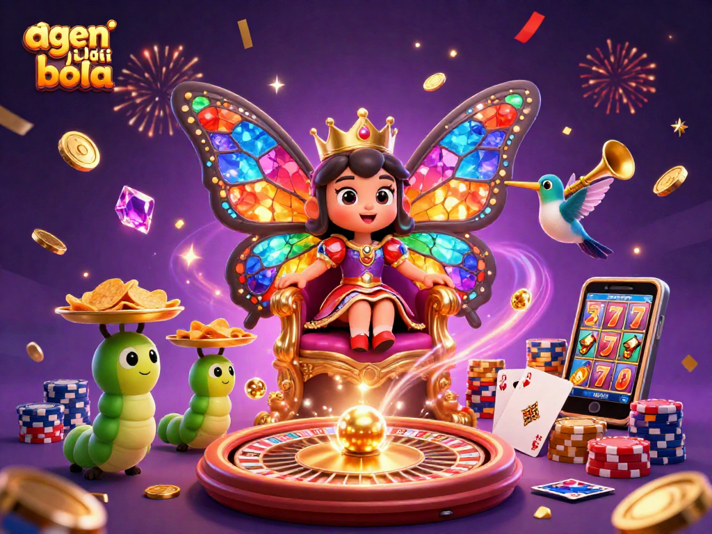 Experience the thrill of agen judi bola with a vibrant illustration of casino elements and characters.