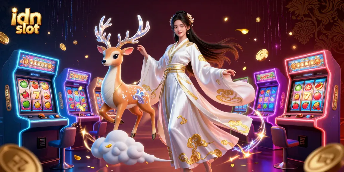 Engage with idn slot excitement through an illustrative scene of a majestic Asian woman and whimsical deer in a vibrant gaming world.