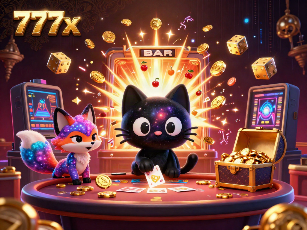 Engage with the cosmic casino world of 777x featuring a whimsical black hole cat and vibrant elements.