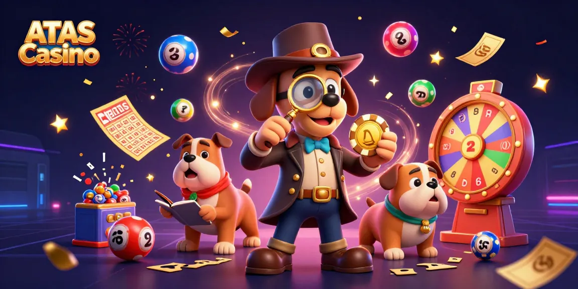 Engage in thrilling gameplay at ATAS Casino while a cartoon detective discovers poker chip clues amidst colorful lottery elements.