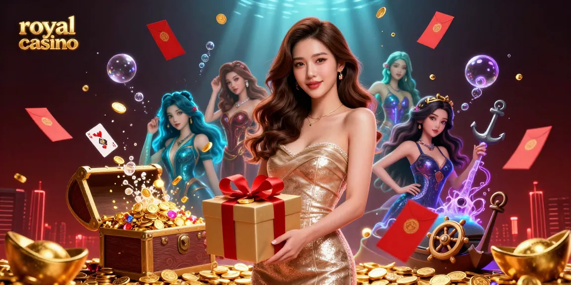 Engaging royal casino scene with an elegant woman promoting casino games amidst festive elements.