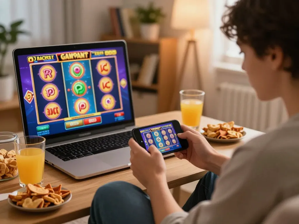 Player engaging in slot gacor gampang menang on a mobile device in a cozy home setting.