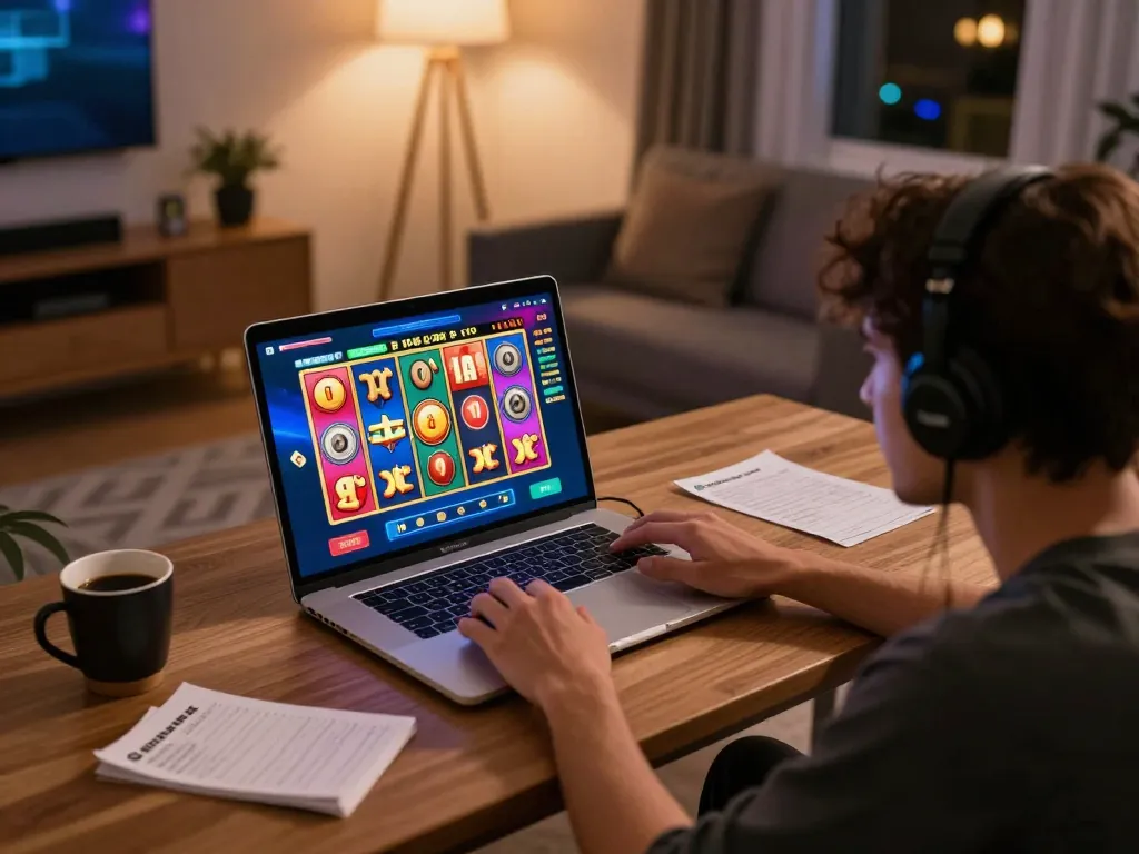 Engaging in situs slot gameplay at home with colorful visuals and betting strategy notes.
