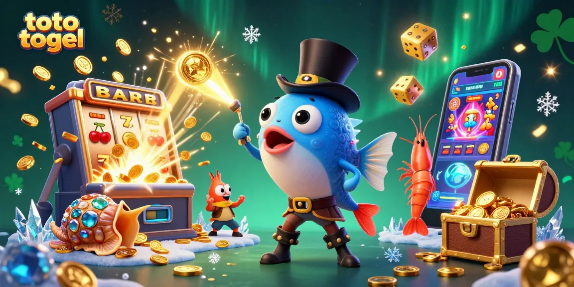 Experience exciting gameplay with toto togel, a vibrant illustration showcasing gold coins, slot machines, and captivating sea characters.