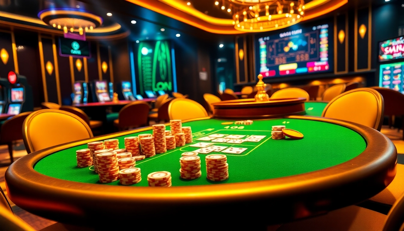 Excited players at LC88 casino table with poker chips, cards, and roulette wheel.