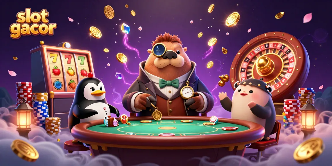 Slot gacor menggambarkan walrus dan dealer penguin di meja kasino bawah laut.