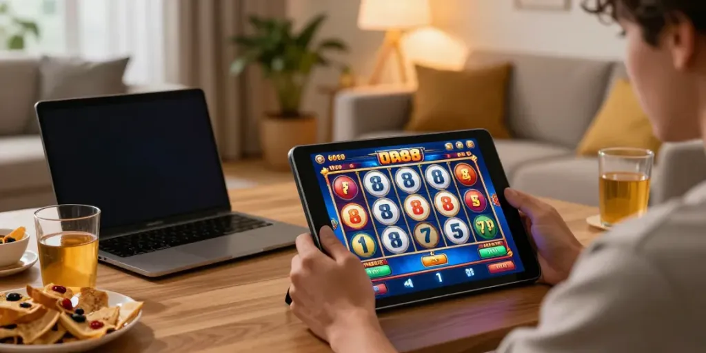 Player enjoying a vibrant slot88 game on a tablet in a cozy gaming setup.