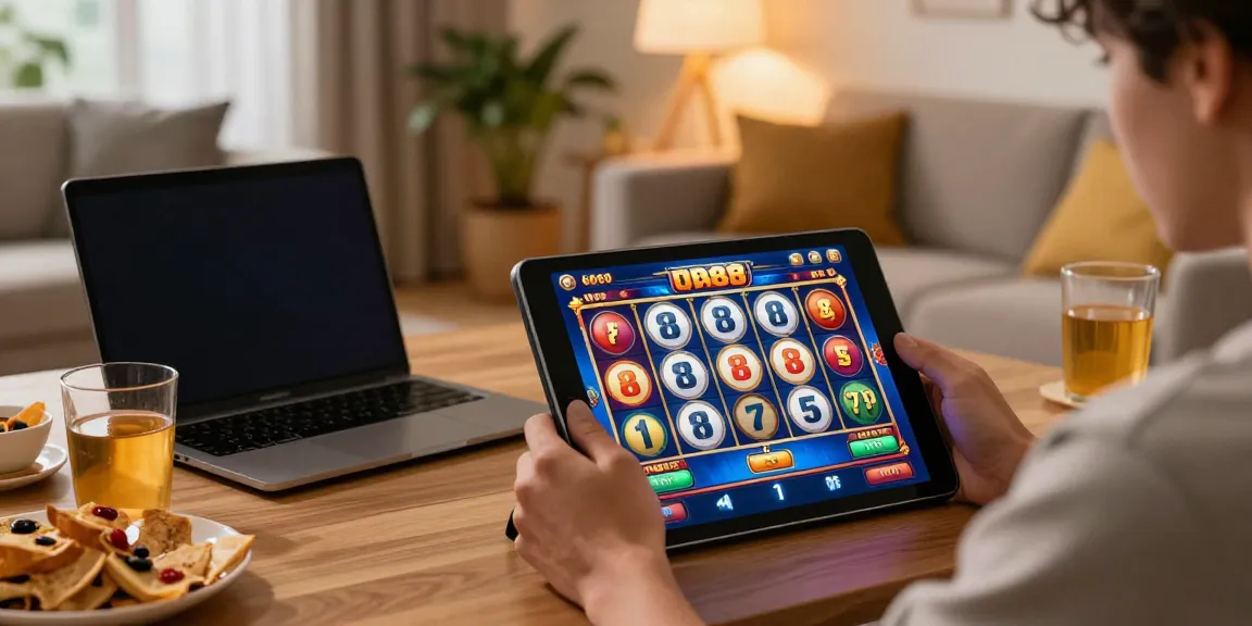Player enjoying a vibrant slot88 game on a tablet in a cozy gaming setup.