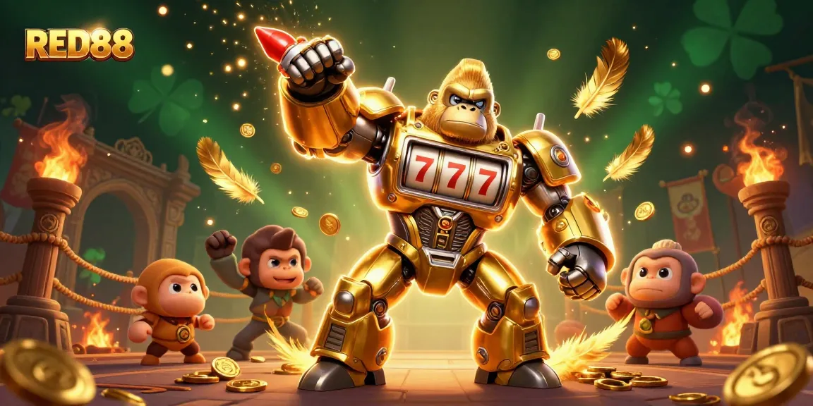 Action-packed scene of the RED88 gorilla mech celebrating jackpots with coins, vibrant casino atmosphere.