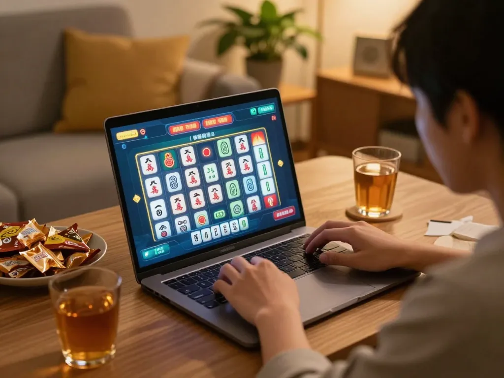 Player enjoying slot mahjong game on laptop at home with warm lighting and cozy snacks