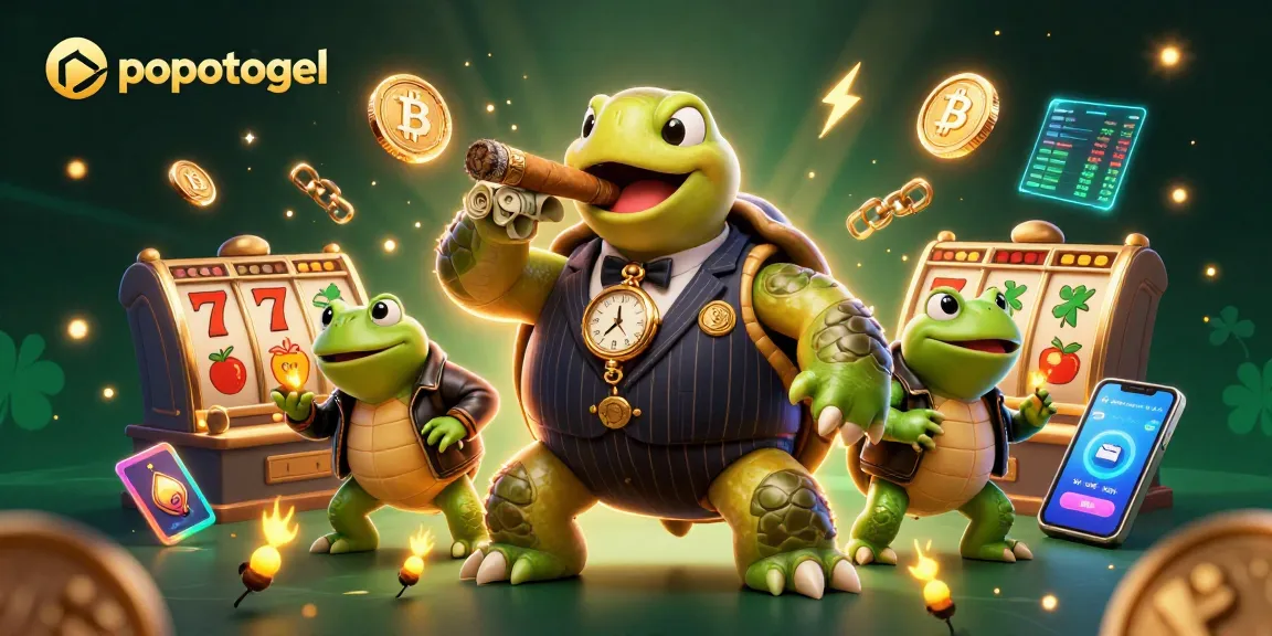 Spin the jackpot with popotogel's vibrant casino scene featuring a lucky snapping turtle and game symbols.