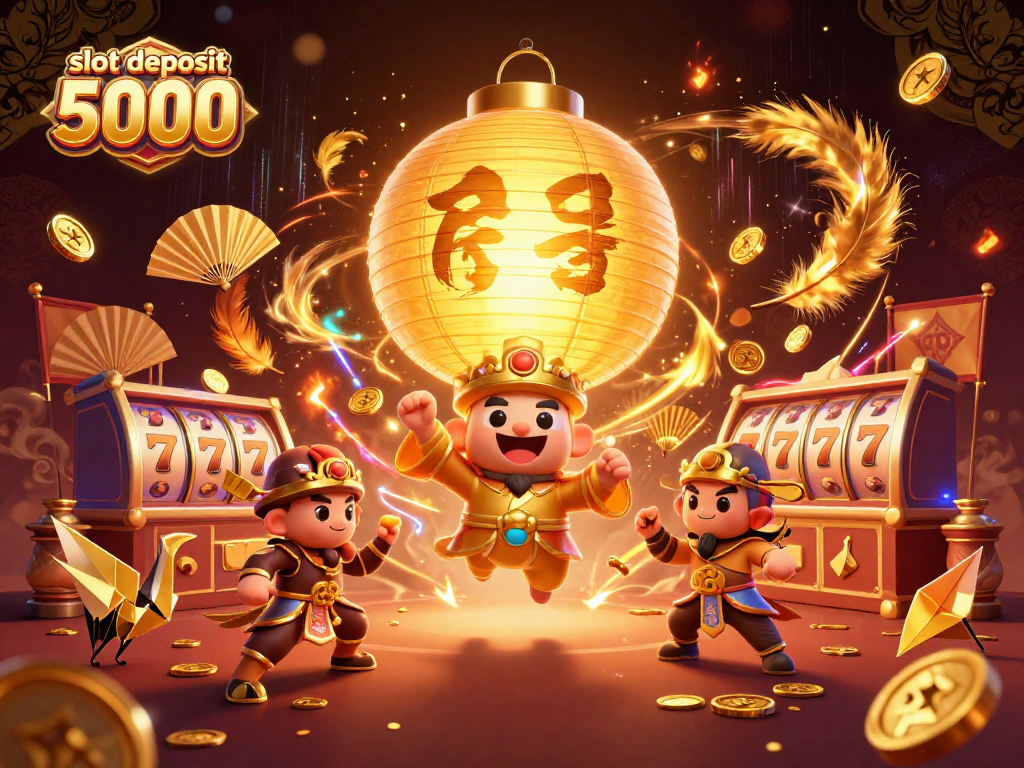 Experience excitement with slot deposit 5000 as golden lantern spirits illuminate a vibrant casino scene.