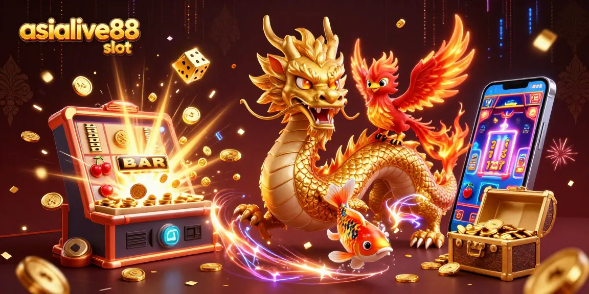 Engage with the asialive88 slot adventure featuring a mighty dragon, phoenix, and koi fish amidst casino elements.