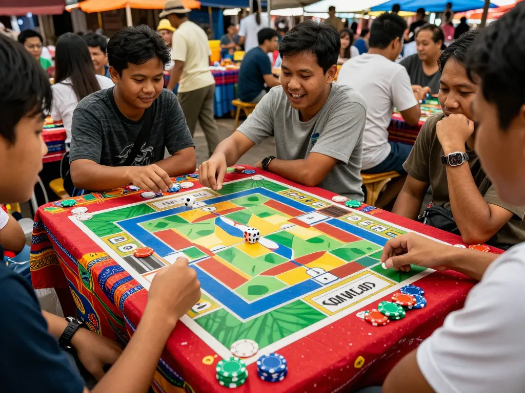 Exciting game of ไฮโล with players eagerly watching dice roll and betting at a vibrant market.