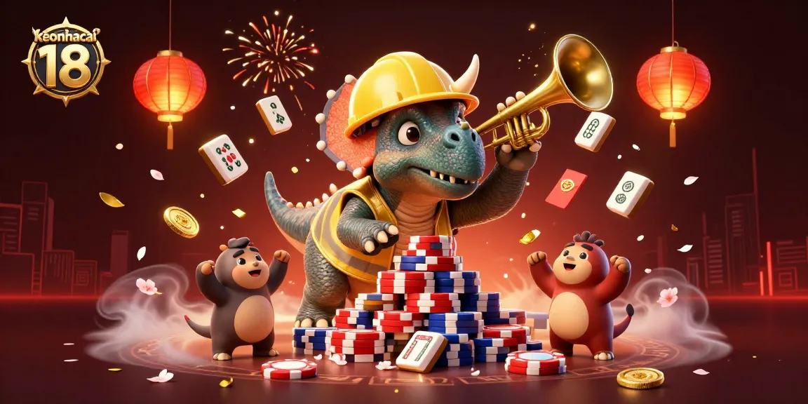 Experience keonhacai 18 as a triceratops builds a poker chip pyramid amidst vibrant gambling elements.