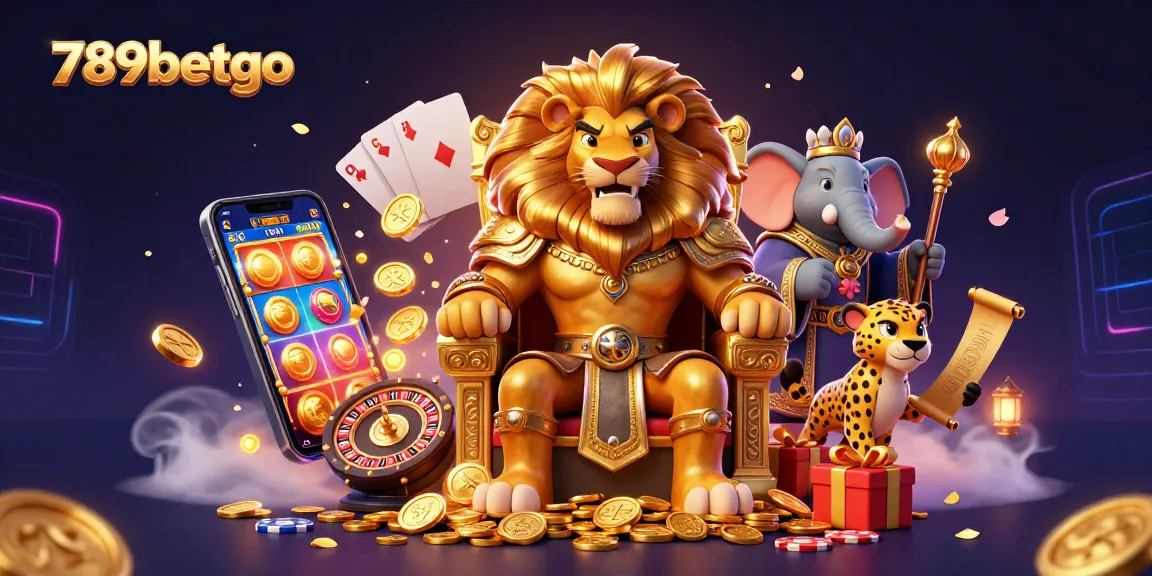 Experience excitement at 789betgo with a lion king, elephant advisor, and cheetah messenger amid vibrant casino elements.