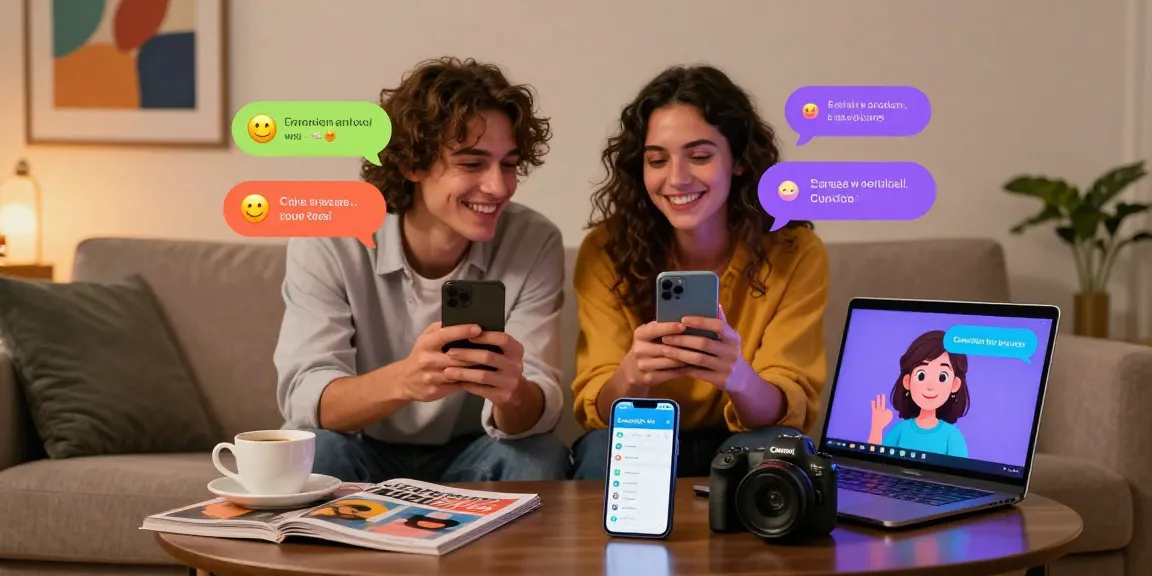 Engaging couple texting using sexting AI in a cozy digital setting.
