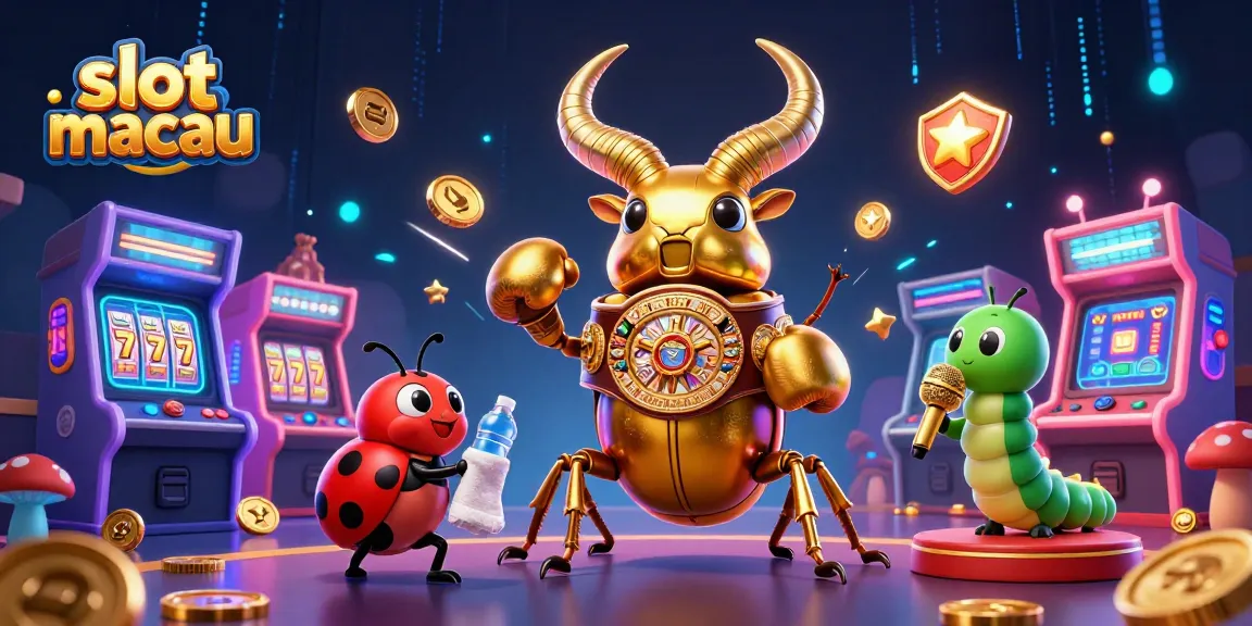 Spin the slot macau reels alongside a golden stag beetle champion and cartoon characters in a vibrant casino scene.