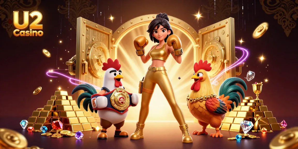 Engage with U2 Casino's thrilling atmosphere featuring colorful characters, gold treasures, and action-packed game elements.