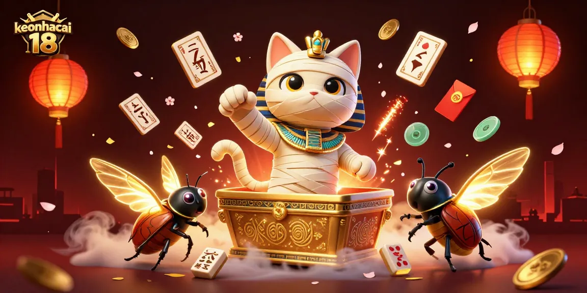 Experience the thrill of keonhacai 18 with an Egyptian mummy cat in a vibrant casino scene.