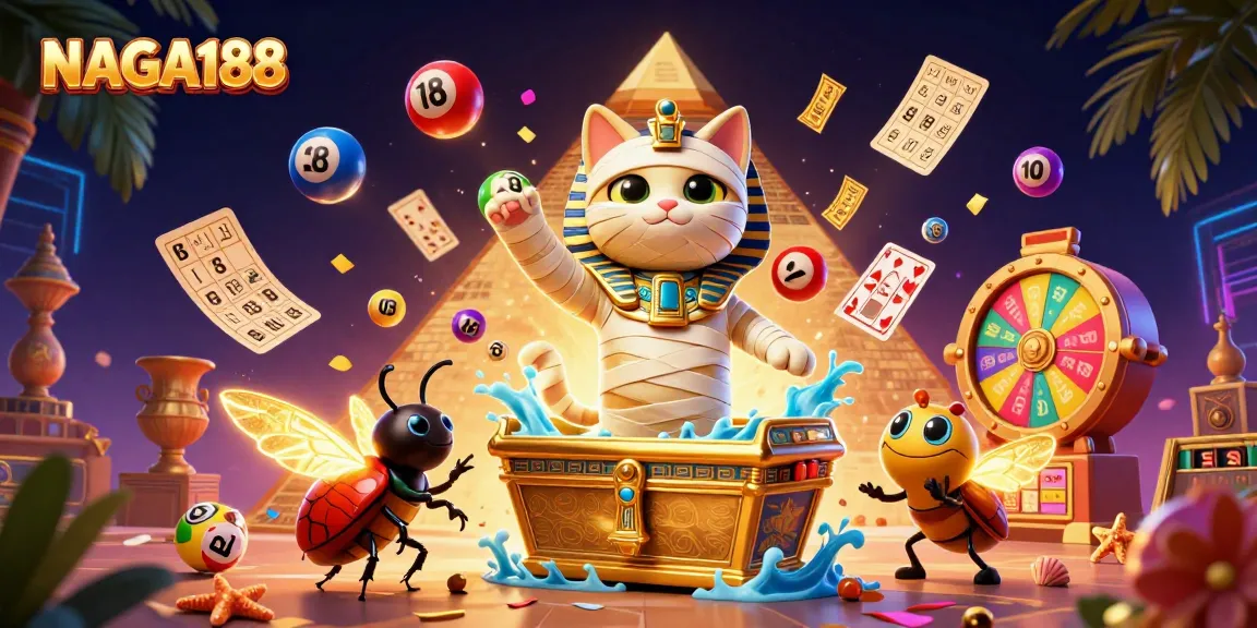 NAGA188 menampilkan ilustrasi kasino dengan mumi kucing, jackpot, dan karakter flamboyan.