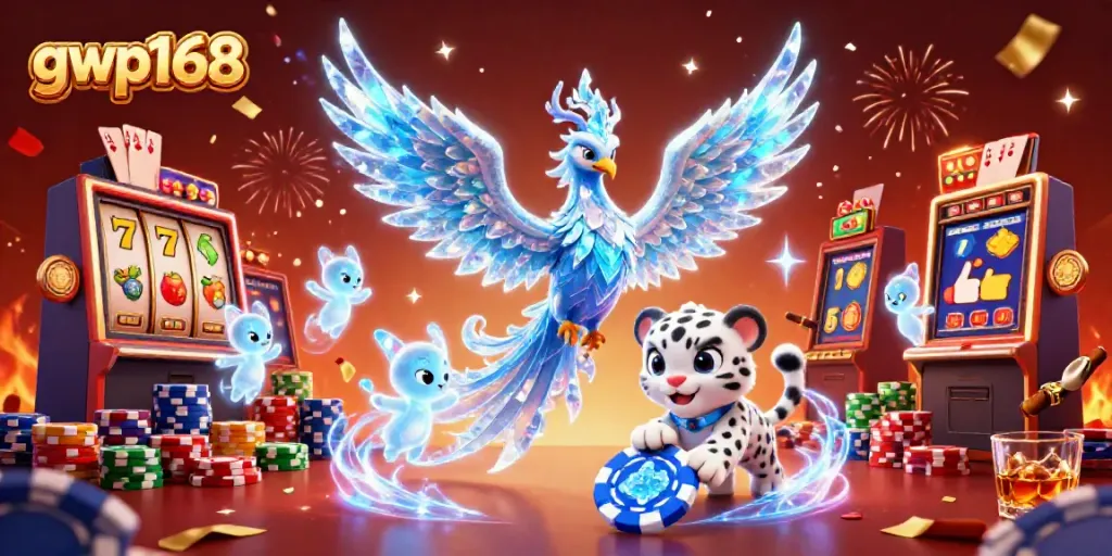 Permainan seru di GWP168 dengan phoenix es yang bersinar dan simbol slot beruntung.