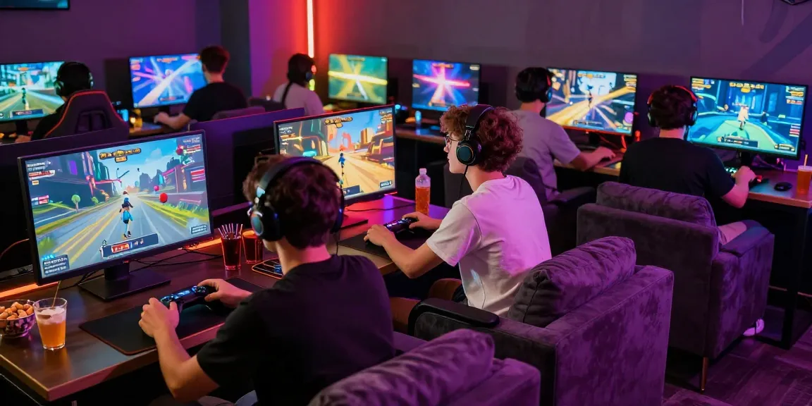 Players enjoying Cika4D platform games in a vibrant lounge with high-tech setups.