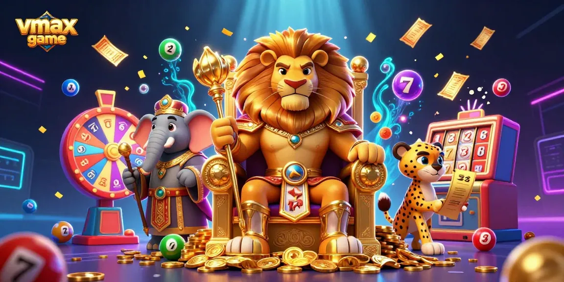 Experience the thrill of vmax game with vibrant illustrations of slot reels, lively characters, and casino excitement.
