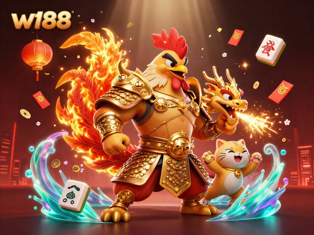 Experience thrilling w188 adventures with a cartoon rooster warrior and dragon hatchling.