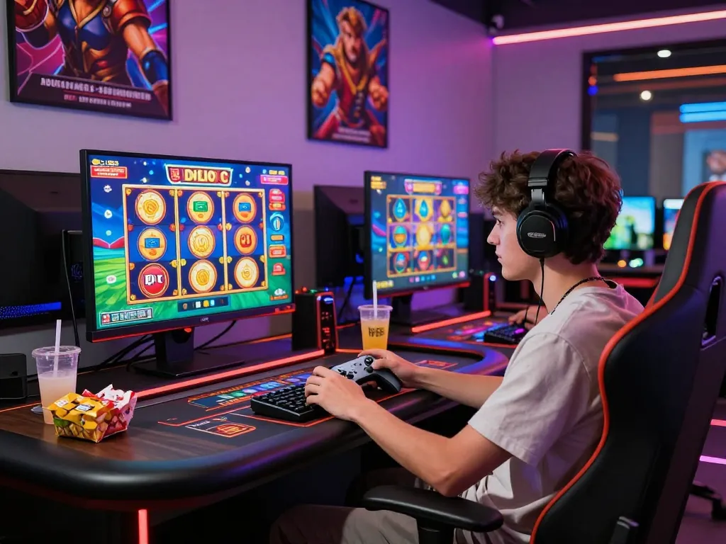 Player enjoying a thrilling Onbet Casino gaming session with vibrant slot games and a modern setup.