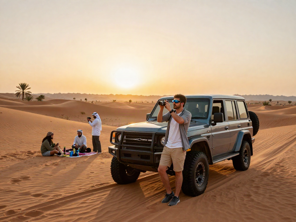 Traveler enjoying a desert safari adventure in Dubai's golden sand dunes, capturing moments with a camera.