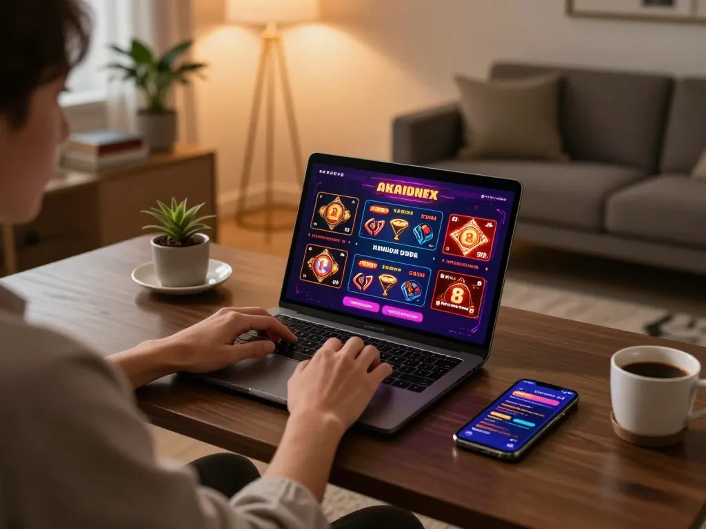 Engaging with the luckyindex casino app on a stylish laptop, showcasing vibrant game graphics.