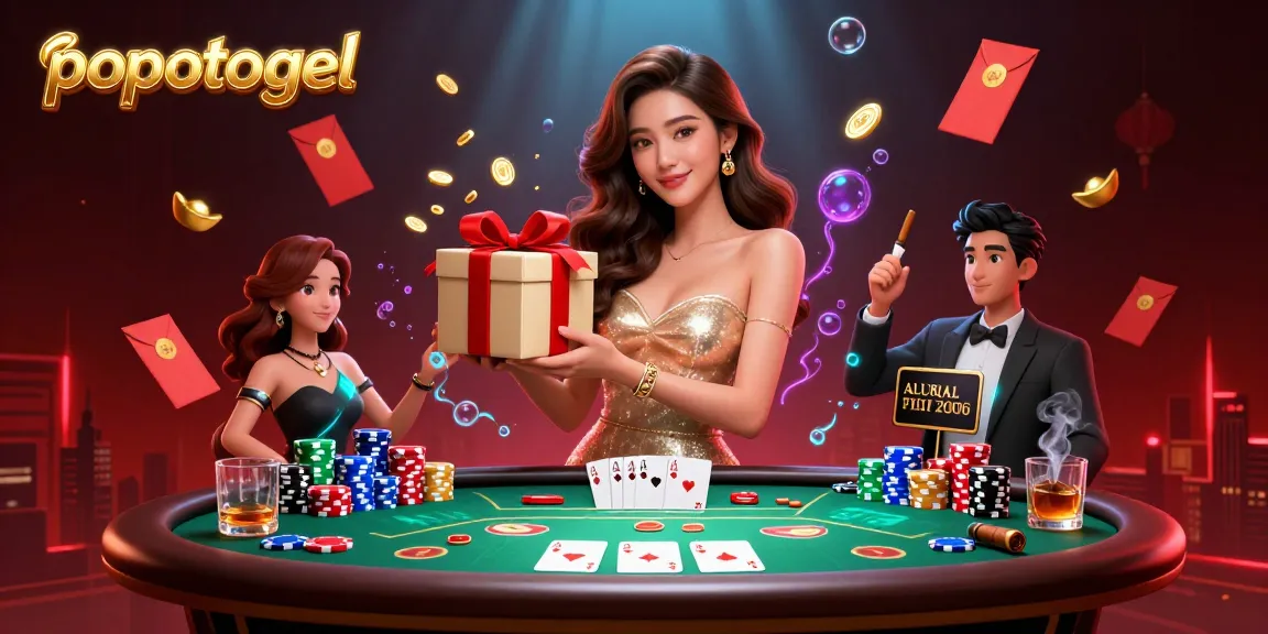 Play and win at popotogel with vivid casino elements featuring vibrant poker action and festive decorations.
