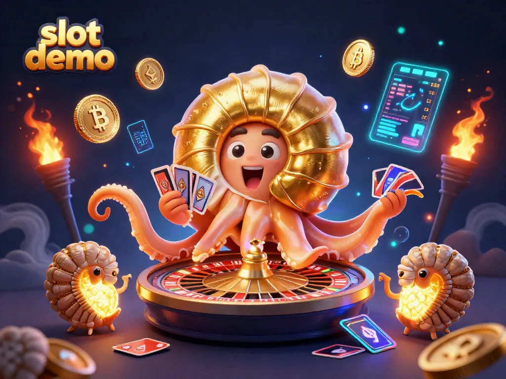 Slot demo menampilkan nautilus raksasa berkilau, menggenggam kartu di tengah lautan simbol kasino.