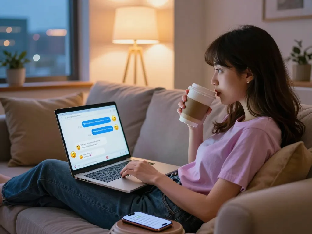 Engaging in an NSFW chat while enjoying a relaxed lifestyle, showcasing a vibrant digital interaction atmosphere.