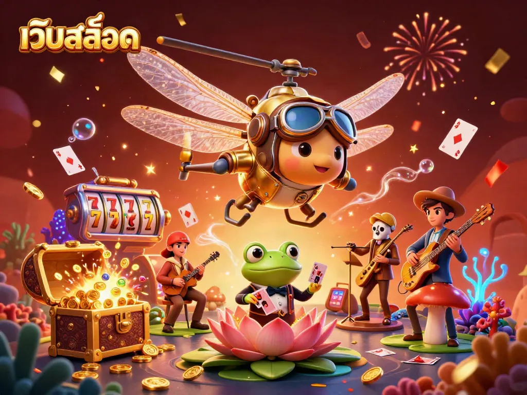 ภาพ 3D ของเว็บสล็อตที่แสดงความสนุกสนานผ่านตัวละครและองค์ประกอบคาสิโน