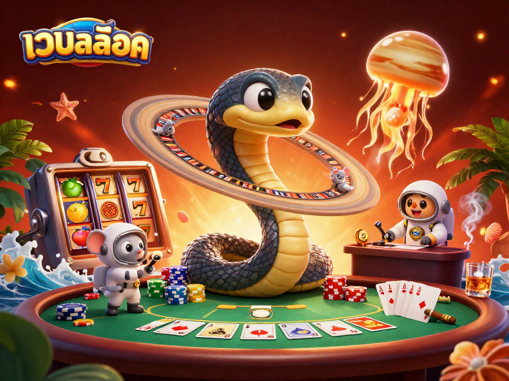 Experience เว็บสล็อต excitement with a 3D casino scene stacked with colorful slot reels, chips, and characters!