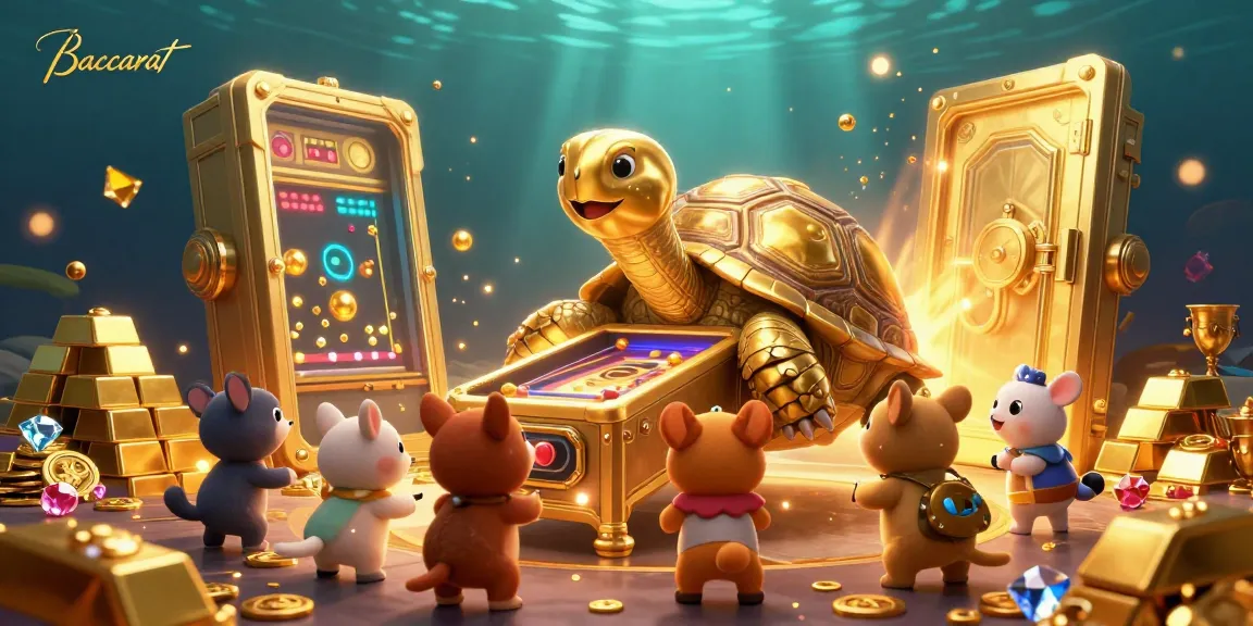 Baccarat card game scene with a colossal golden tortoise and gleaming treasure in 3D