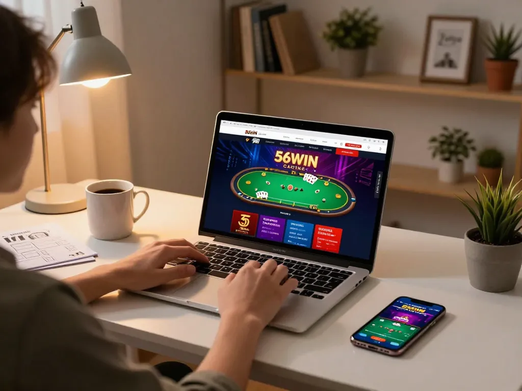 Player engaging in an online poker game at 56WIN, showcasing a cozy home gaming setup with strategic notes.