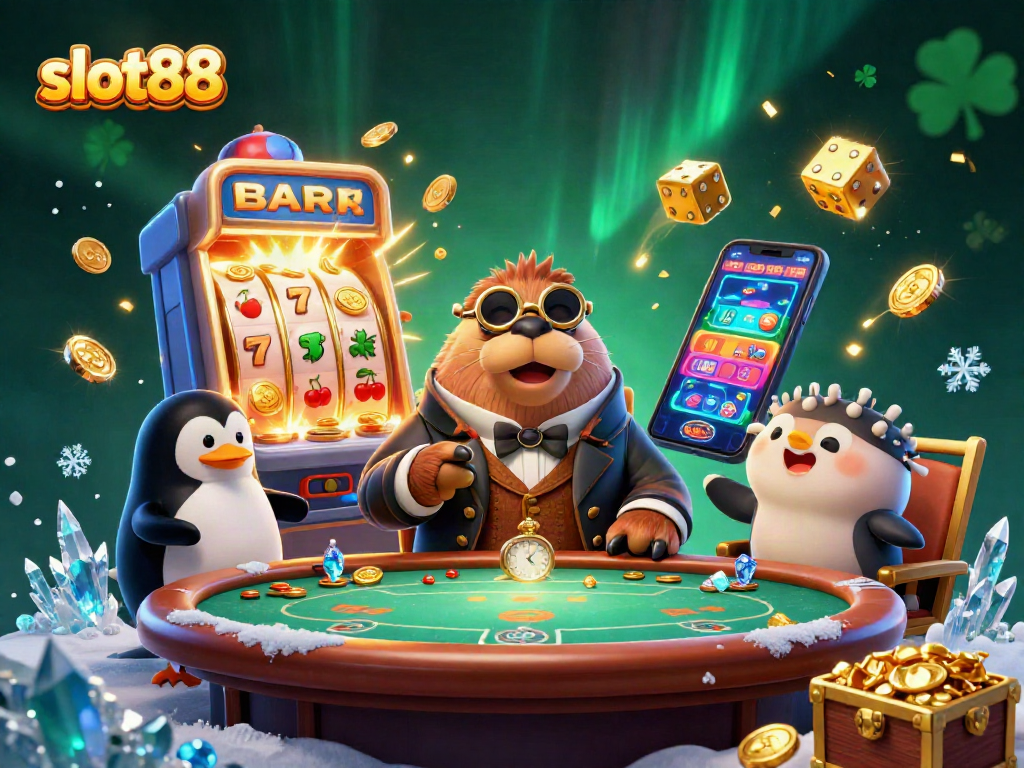 Experience thrilling wins with slot88 in a vibrant casino scene featuring a walrus and friends.
