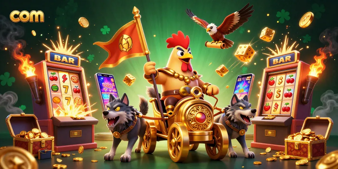 Experience thrilling gameplay at com with a vibrant casino scene featuring a rooster warlord and dynamic slot machines.