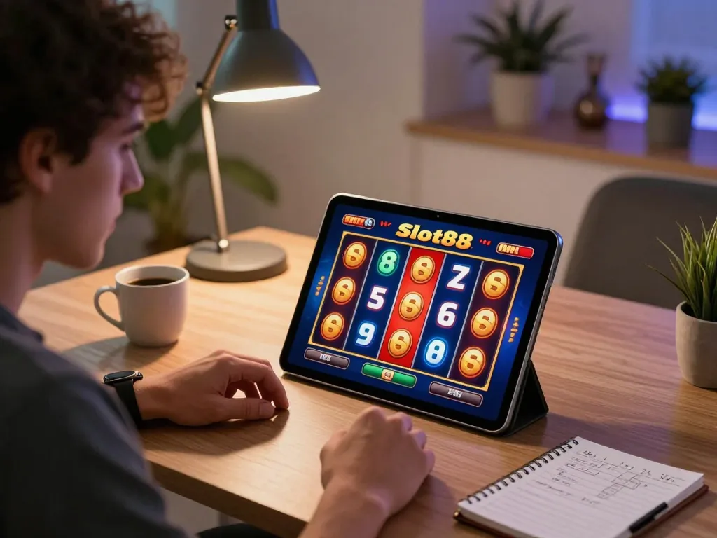 Engaging in Slot88 gameplay on a tablet, focusing on powerful strategies in a stylish home office.