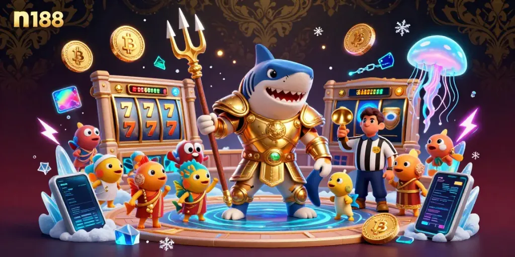 Engage in thrilling n188 slots gameplay with a tiger shark in gladiator armor among vibrant underwater visuals.